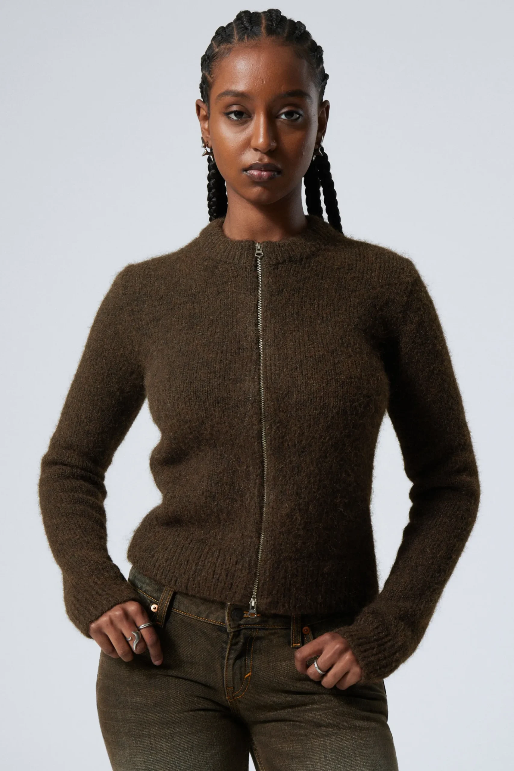 Weekday SLIM KNITTED ZIP CARDIGAN dark brown Store