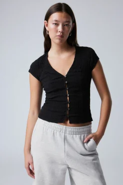 Weekday STRUCTURED SHORT SLEEVE COTTON TOP black Discount