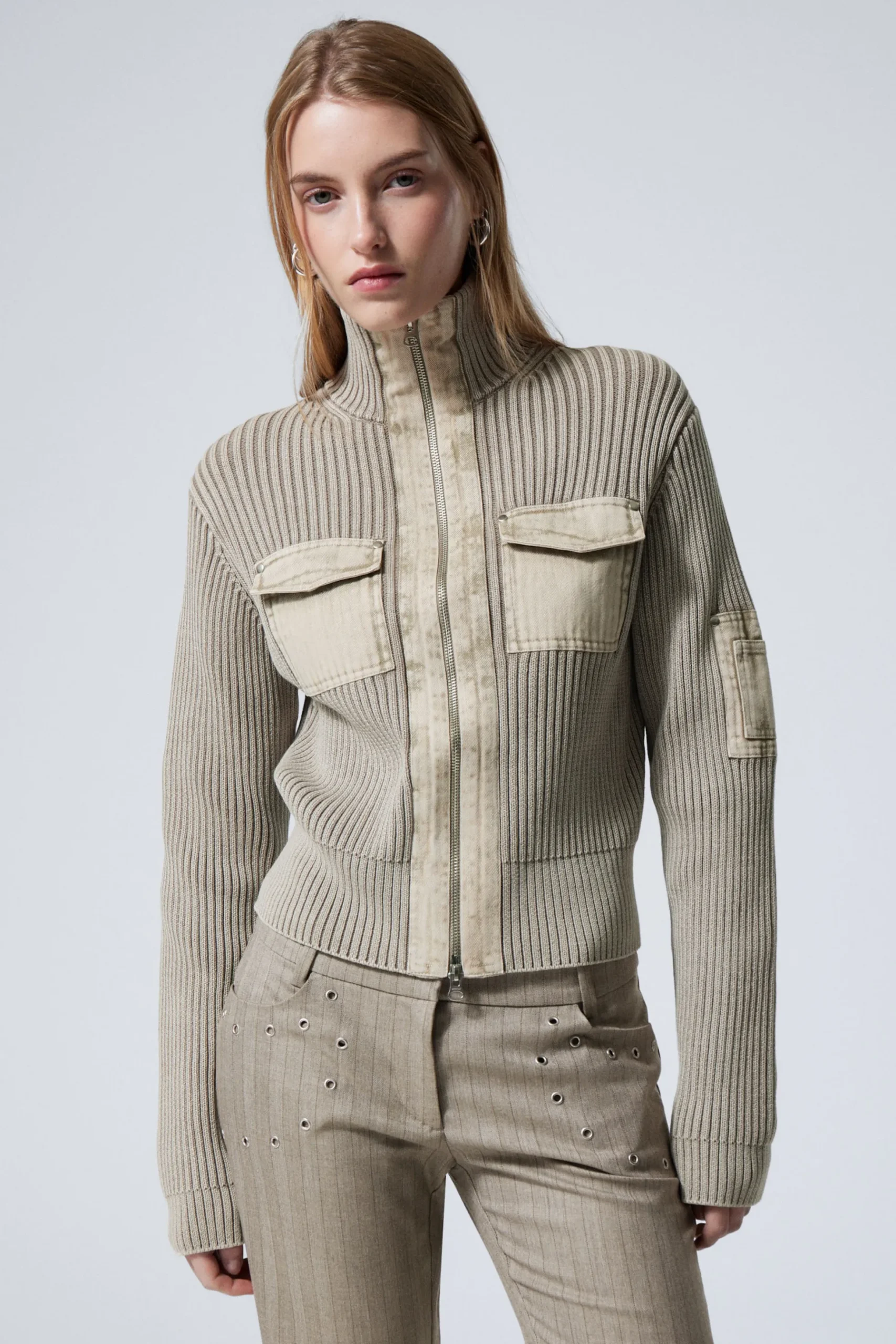 Weekday WASHED RIB-KNIT ZIP CARDIGAN washed dusty mole Discount