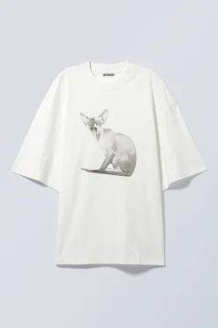 Weekday WIDE OVERSIZED PRINTED T-SHIRT white sphynx cat Discount